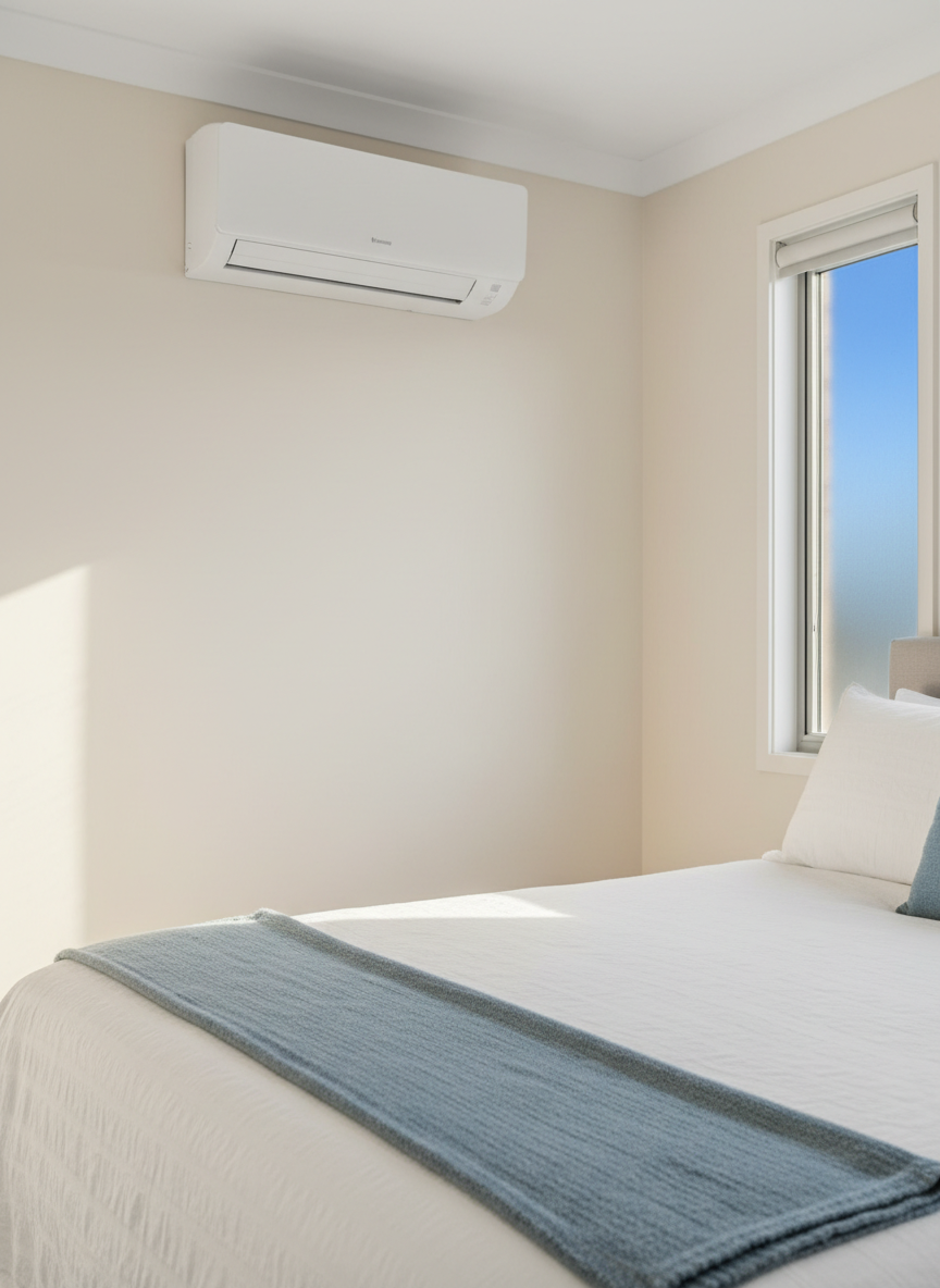 A compact white inverter air conditioning unit installed in a sunlit Shoalhaven coastal home bedroom, positioned above a neatly made bed with crisp white linen and a soft blue throw that hints at cool comfort. The wall is painted a warm off-white, and a narrow window to the right reveals a blurred glimpse of bright blue sky. Morning natural light gently illuminates the AC’s smooth casing and control panel, casting soft shadows beneath. Photographic realism with an eye-level, slightly off-center composition creates a serene, restful atmosphere, ideal for promoting quiet, efficient residential cooling solutions.