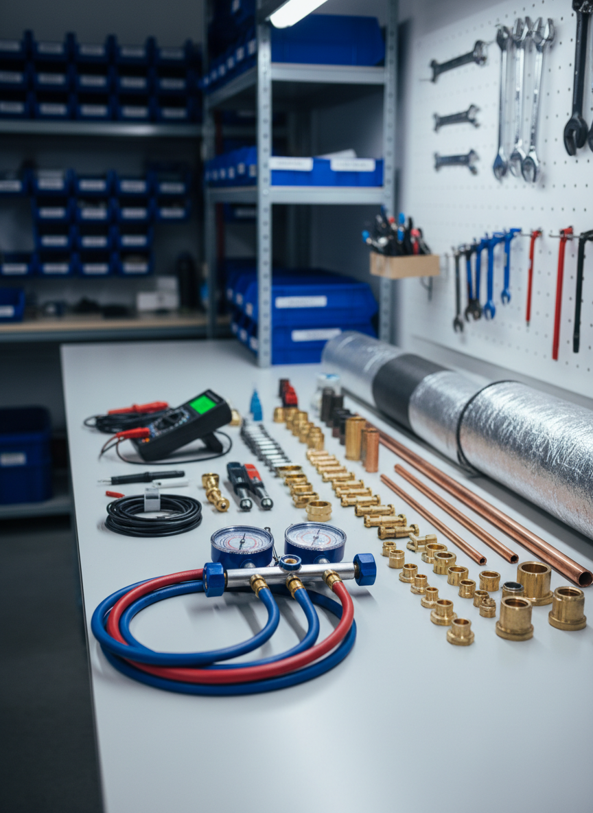 A tidy, well-organized air conditioning tools and parts layout on a clean, light-grey workbench inside a modern workshop. High-quality HVAC gauges with bright red and blue hoses, neatly coiled electrical cables, a digital multimeter, pristine copper piping, and an assortment of fittings and insulated ducting are carefully arranged. In the background, slightly blurred, are labeled storage shelves and a wall-mounted pegboard with hanging tools. Cool white overhead workshop lighting creates crisp reflections on metal surfaces and clear, defined shadows. Photographic realism from a slightly elevated angle with sharp focus enhances the sense of precision, professionalism, and meticulous maintenance and repair services.