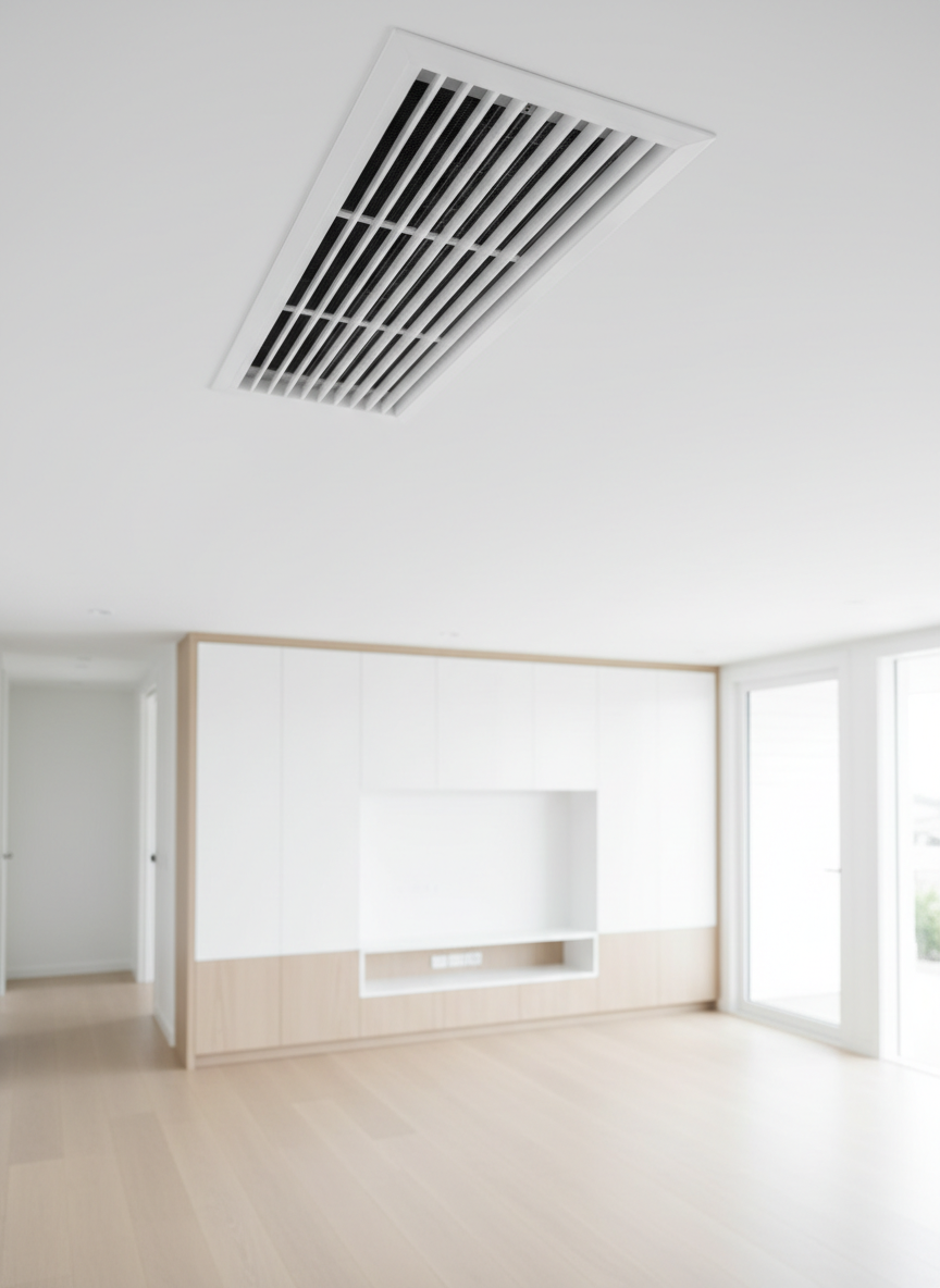 An immaculate ducted air conditioning ceiling vent, rectangular with crisp white louvers, set into a smooth white plaster ceiling of a modern open-plan coastal home. Below, slightly out of focus, are light timber floors and a hint of built-in cabinetry, suggesting a spacious, comfortable interior. Soft, even daylight fills the room from wide windows, creating minimal shadows and emphasizing cleanliness and efficiency. Photographic realism with an upward, slightly angled composition, using the rule of thirds to place the vent, produces a clean, modern, and professional mood that highlights discreet climate control for residential clients.